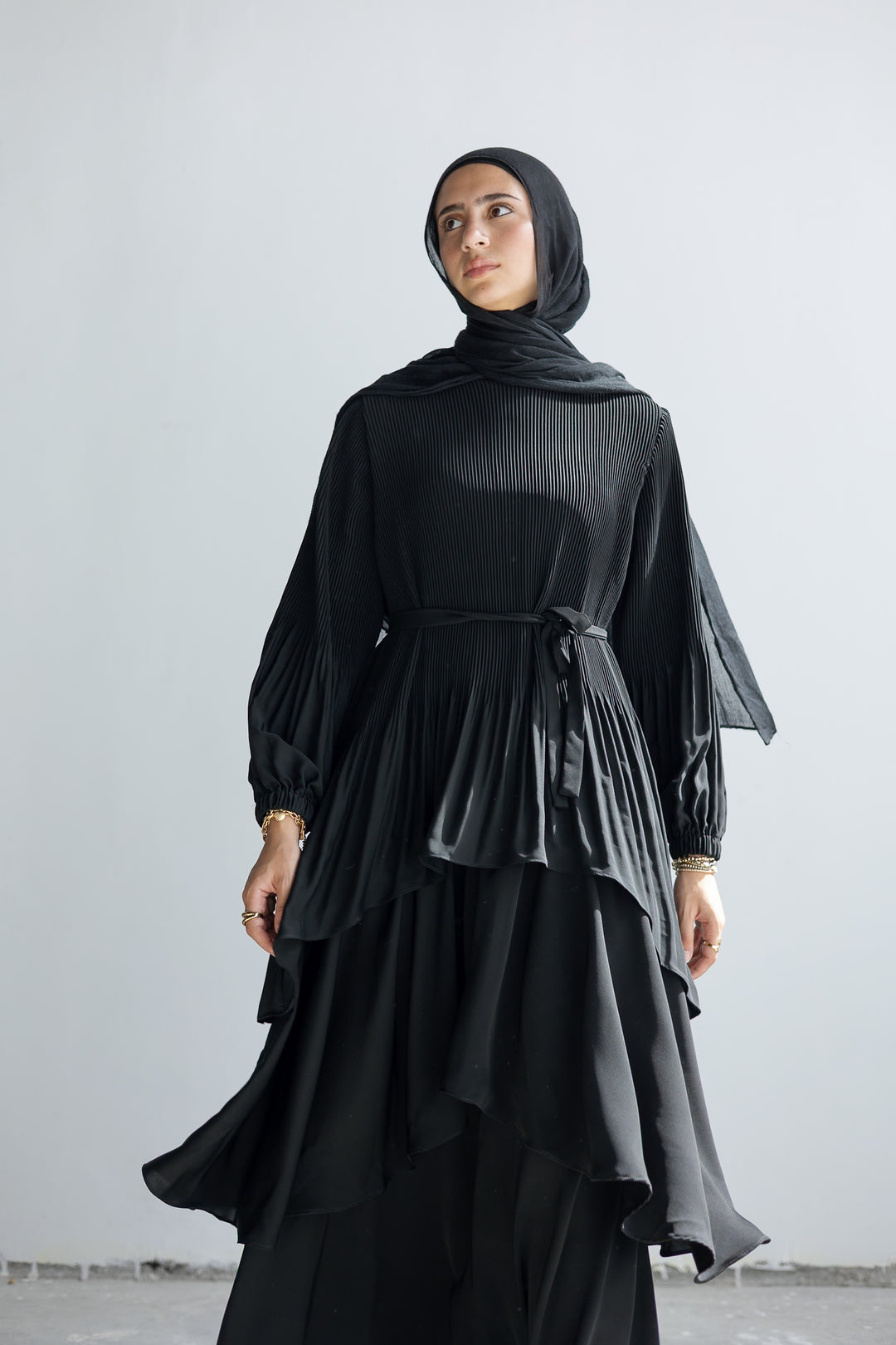 Pleated Layered Abaya C0441