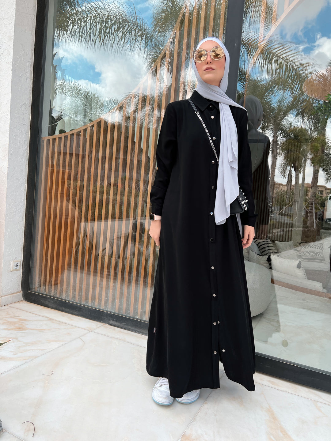 Silver studs buttoned abaya C0118